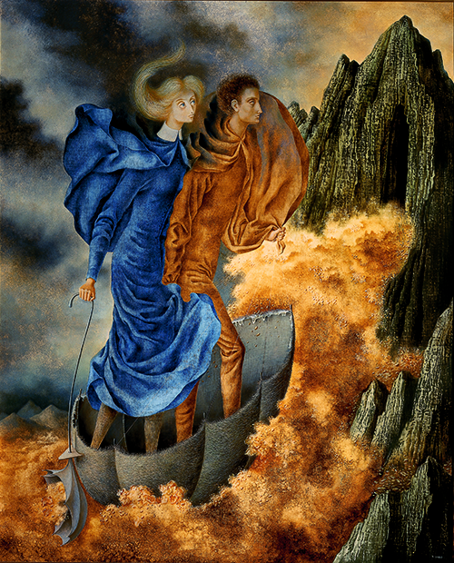 Pintura surrealista de dos personas huyendo sobre un paraguas de Remedios Varo titulada La huida 1961