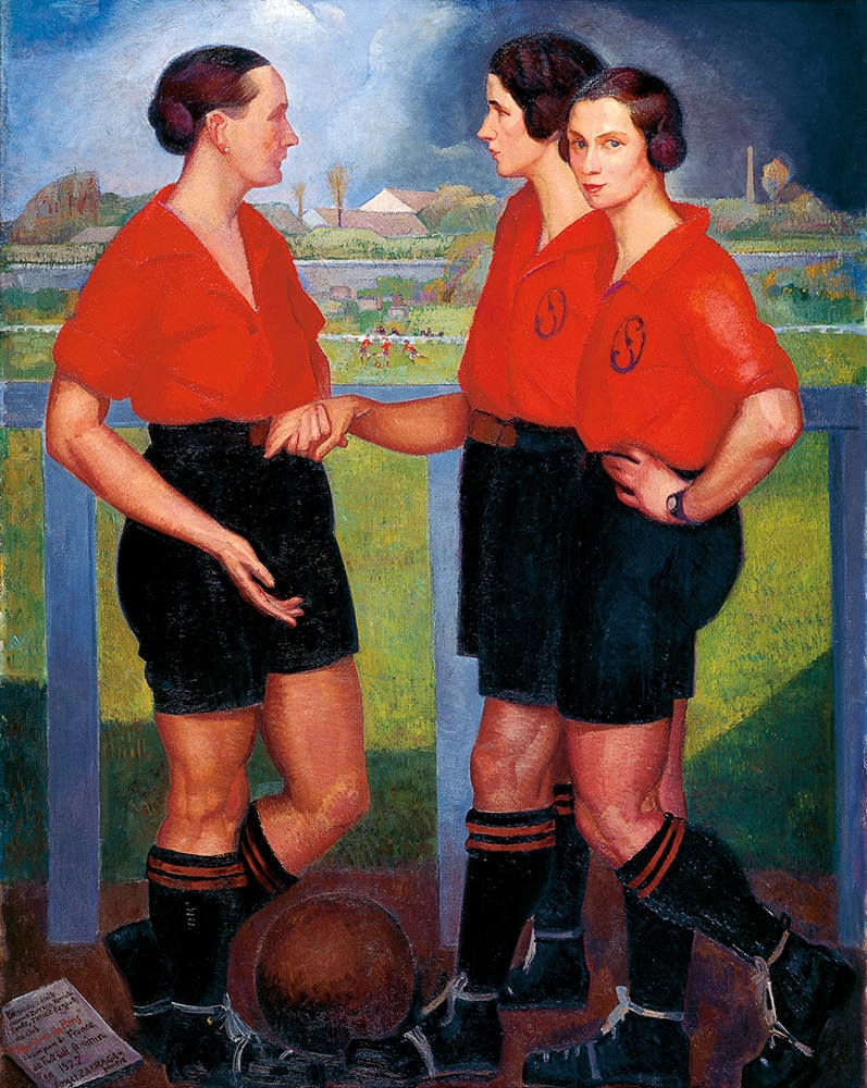 Pintura realista de tres mujeres vestidas de futbolistas de Ángel Zárraga titulada Las futbolistas 1922