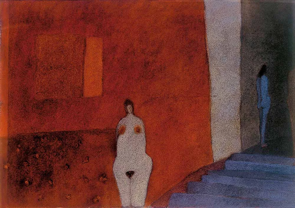 Pintura de tres cuerpos femeninos desnudos al fondo se observa una escalera de Joy Laville titulada Tres desnudos y escalera sin fecha