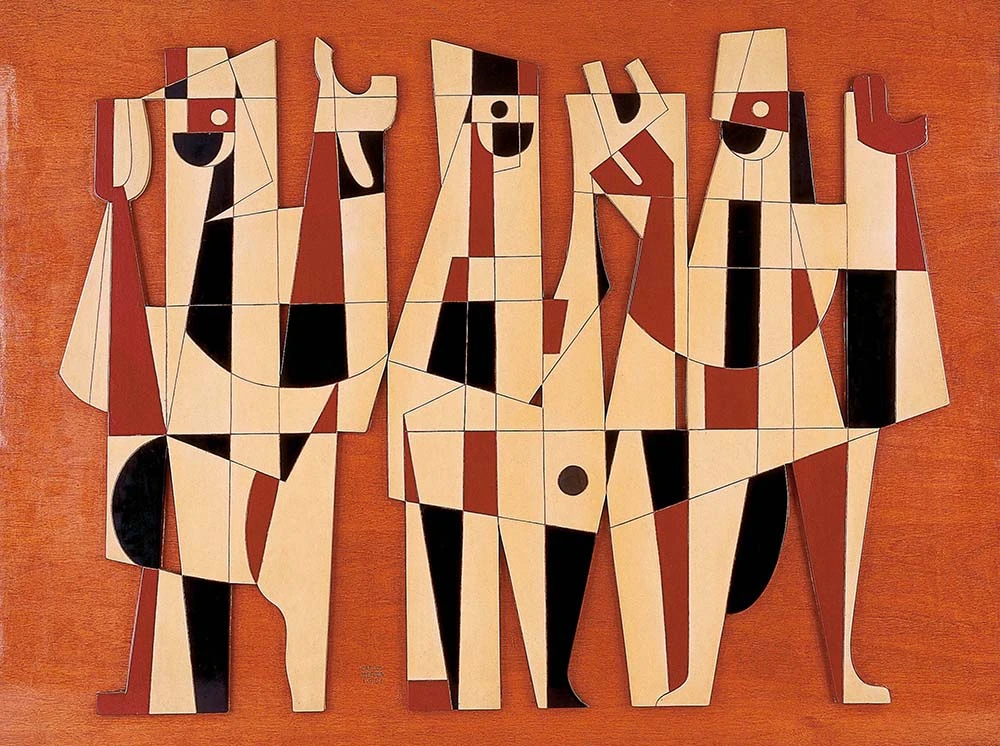 Pintura sobre madera de varias figuras geométricas de Carlos Mérida titulada Retablo 1961