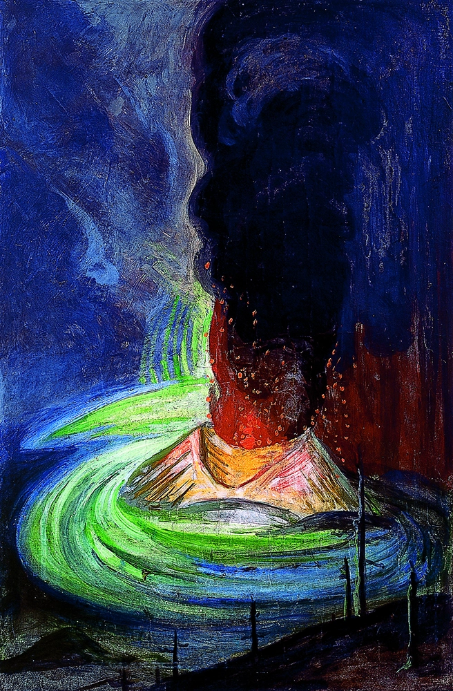 Pintura del volcán Paricutín de Gerardo Murillo titulada Fuego verde en el Paricutín 1943